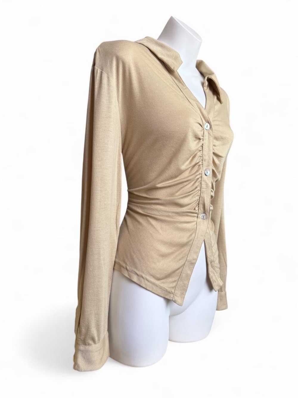 MOTF Beige Ruched Button-Down Shirt - Picture 3 of 7